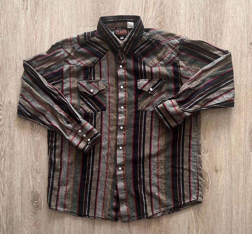 Plains Western Wear Vintage Multi-Color Striped Pearl Snap Long Sleeve Shirt - Picture 1 of 2